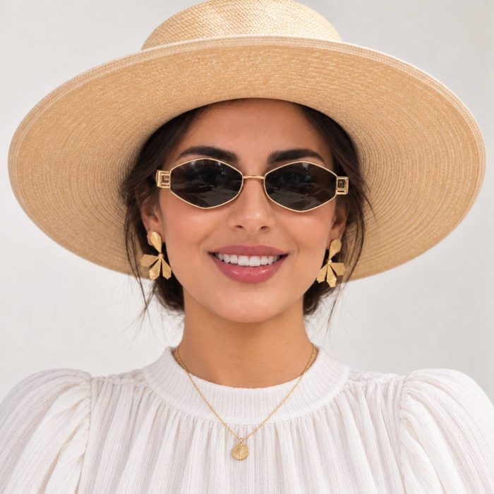 عینک آفتابی زنانه شش ضلعی طرح سلین Celine های کپی با فریم طلایی و عدسی دودی UV400 مناسب روزمرگی استایل کلاسیک فشن - تصویر 2